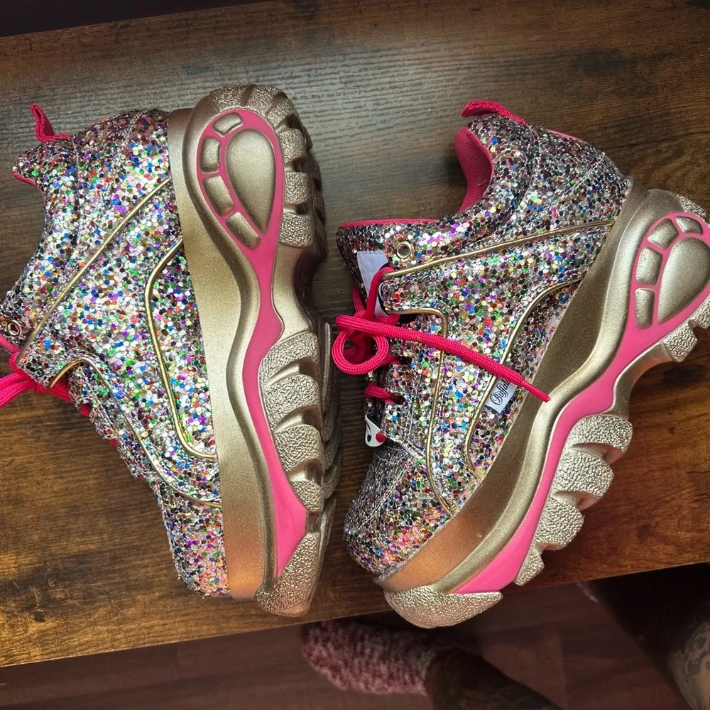 Buffalo London pink and gold rainbow glitter platform sneakers  40 women’s 9/10 - Picture 2 of 6
